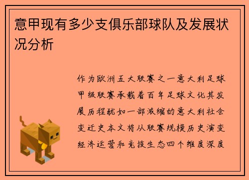 意甲现有多少支俱乐部球队及发展状况分析