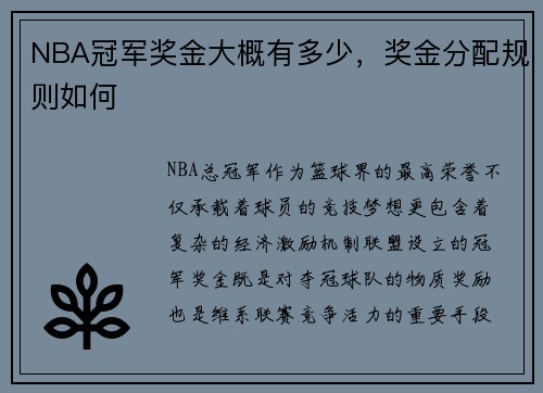 NBA冠军奖金大概有多少，奖金分配规则如何